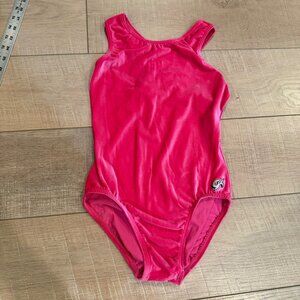 GK Elite Small Pink Velvet Gymnastics Leotard With Mesh Back Detail & Logo